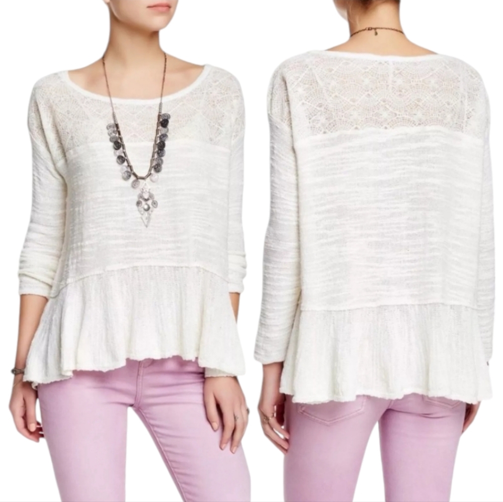Free People Kristobel Ruffled Lagan Knit Sweater, Cream, size XS